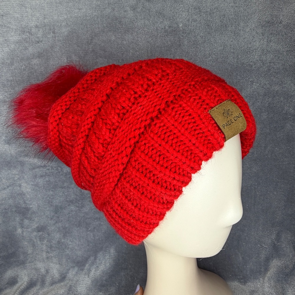 Page One Beanie Women One Size Red Faux Fur Pom Pom Fleece Lined Cable Knit Hat